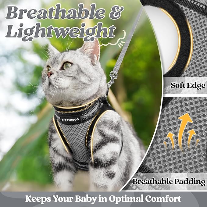 rabbitgoo Cat Harness and Leash Set for Walking Escape Proof, Adjustable Soft Kittens Vest with Reflective Strip for Cats, Comfortable Outdoor Vest, Grey, M