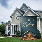 Christmas Nativity Garden Flag 12x18 Double Sided Believe Starry Night Stable Yard Flag Gold Text Blue Background Winter Outdoor Garden Decor Lawn Porch Patio Holiday Banner