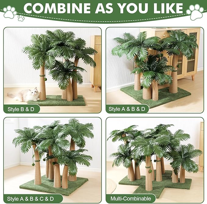 Palm Tree Cat Scratching Post, 36'' Cat Scratcher Post with Natural Sisal Rope, 3 Interactive Balls and Curved Design Scratching Posts for Indoor Cats Adults and Kittens, Multi-Combinable (Style B)