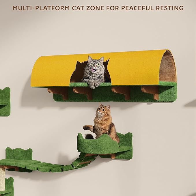 Cat Wall Shelves, Wall Mounted Pet Shelf Furniture w/Plush Fabric(20 Piece Set), 63''H Cat Tower w/Scratching Posts, Cats Furniture with 40''L Tunnel, Condos, House, Steps and Ladder, Green