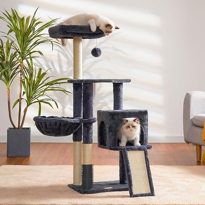 Heybly Cat Tree with Cat Self Groomer Brush, Cat Tower Condo for Indoor Cats with Padded Plush Perch, Cat House with Basket Scratching Board Post, Smoky Gray HCT005SG