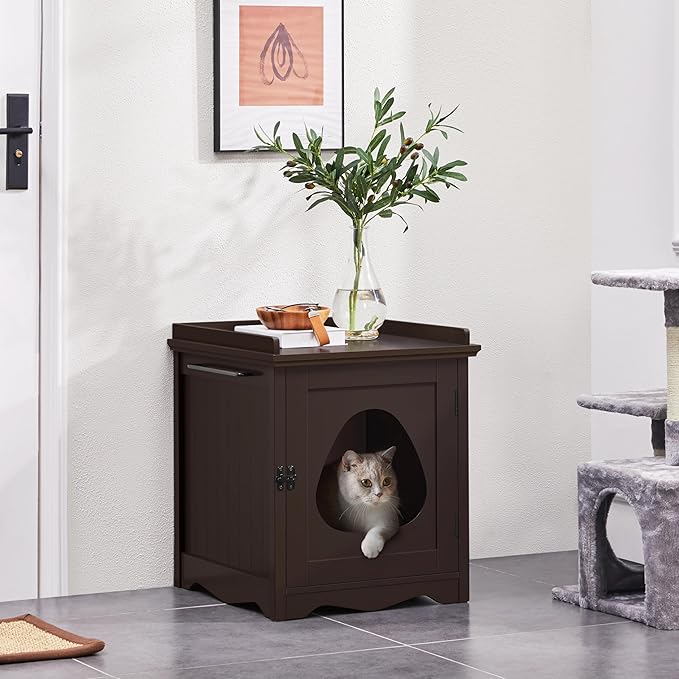 Yaheetech Cat Litter Box Enclosure, Hidden Litter Box Furniture with Side Towel Bar, Wooden Cat Washroom, Storage Cabinet, Indoor Pet House, Side Table Nightstand, Espresso
