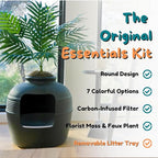 Good Pet Stuff Hidden Litter Box Planter, Decorative Cat Litter Enclosure with Carbon Filter, Artificial Plant, Easy Clean, Indoor Design, Original Round Style, Essentials Kit, Black Suede