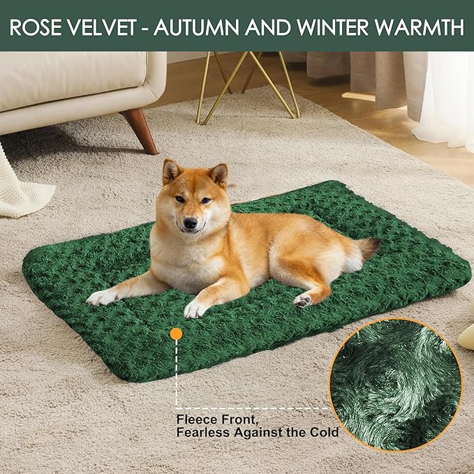 Washable Dog Bed Plush Orthopedic Outdoor Crate Mat with Non-Slip Bottom,Luxe Soft Kennel Pad for Pets,Cozy Cage Cushion & Pet Sleeping Mattress Large Sized,Medium,Small Dogs,24 x 18 inch,Green