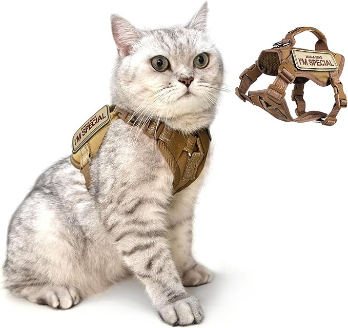 Tactical Cat Harness Khaki for Walking Esacpe Proof,Adjustable Soft Mesh Large Cat Vest with Rubber Handle Easy to Control,Molle Patches L