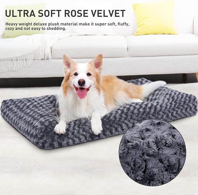 KSIIA Washable Dog Bed Deluxe Plush Dog Crate Beds Comfy Kennel Pad Anti-Slip Pet Sleeping Mat for Large, Jumbo, Medium, Small Dogs Breeds, 41" x 27", Dark Grey