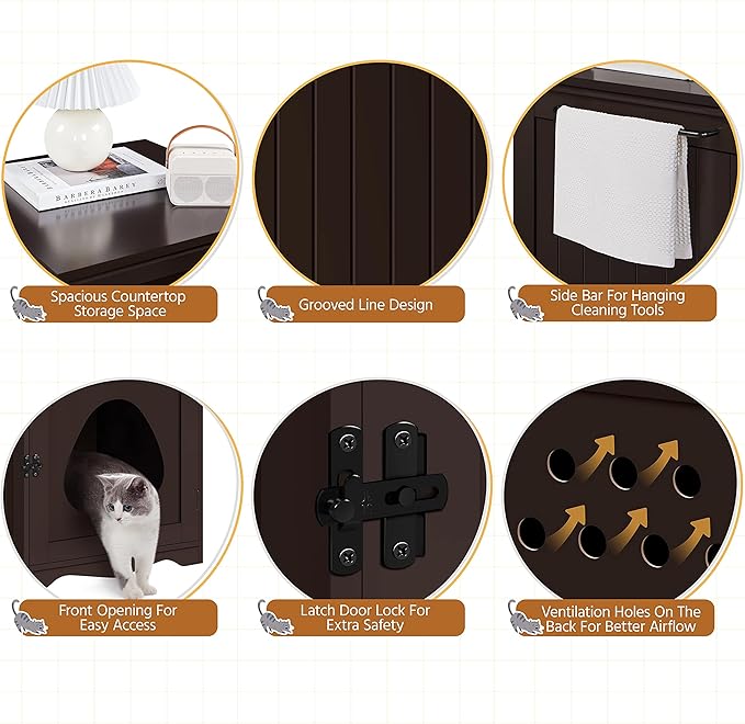 Yaheetech Cat Litter Box Enclosure, Litter Box Furniture Hidden with Towel Bar, Wooden Pet Washroom, Dog Proof Cat Litter Box Cabinet, Indoor Pet House, Side End Table, Espresso