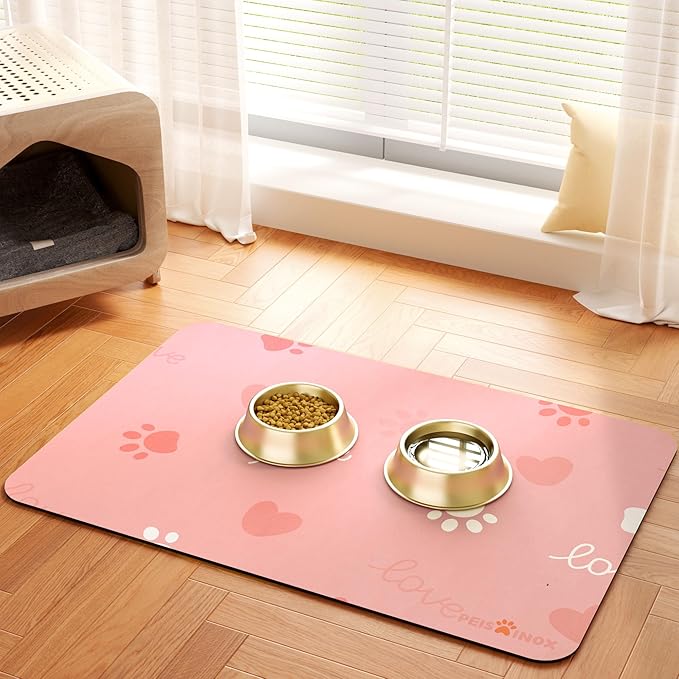 Cat Dog Food Mat, Rapid Water Absorption Dog Mat for Food and Water,100% Waterproof Cat Dog Bowl Mat,16"x24"-Pink