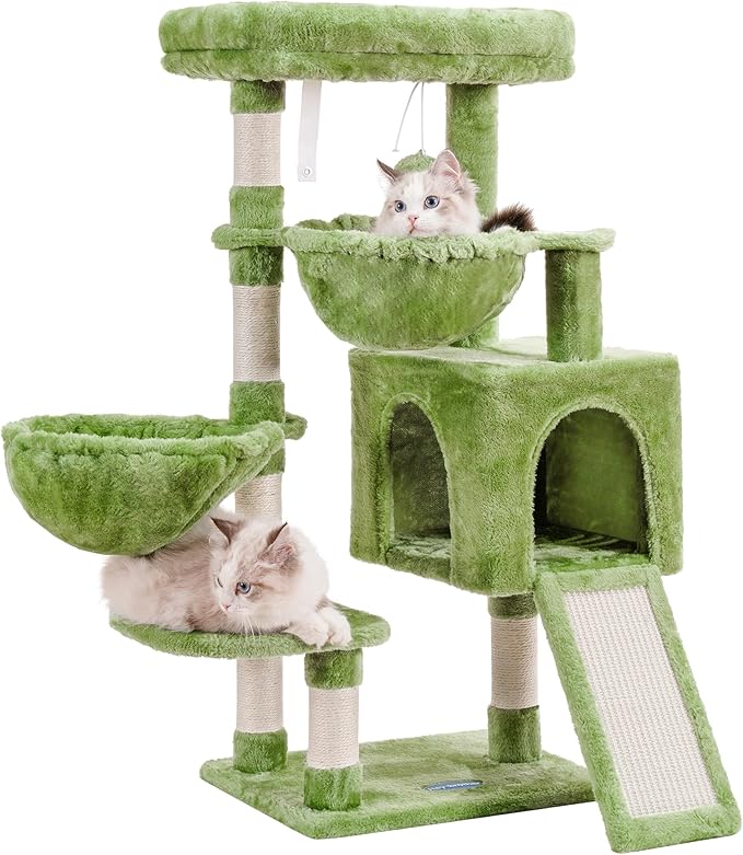 Hey-brother Cat Tree, Cat Tower for Indoor Cats, Cat House with Large Padded Bed, Cozy Condo, Hammocks, Sisal Scratching Posts, Big Scratcher, Green MPJ006SGR