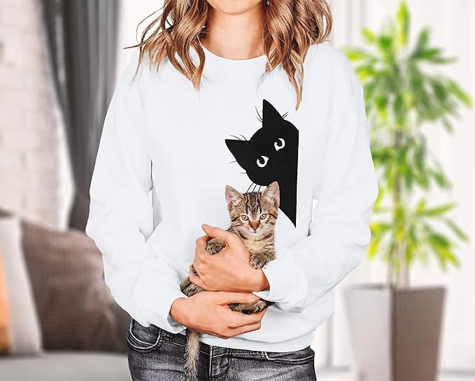 FRYAID Cat Sweatshirt Women Funny Black Cat Graphic Sweater Casual Cat Crewneck Holiday Long Sleeve Hoodie Pullover Top