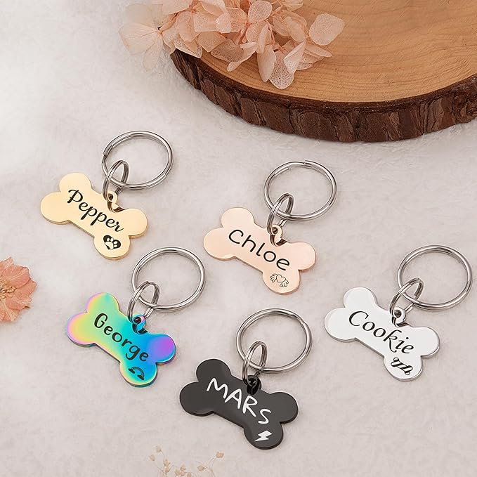 Anavia Small Size Dog Cat ID Tags, Small/XS Personalized Color Plated Stainless Steel Puppy Kitten Name Tags, Customized Engraved Nameplate Pet Collar Tag (Gold, Bone)