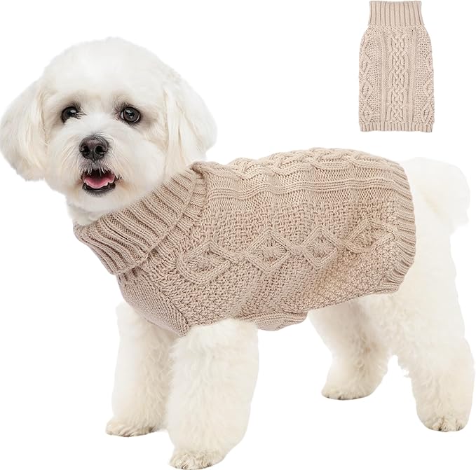 Dog Sweaters Small Dog Clothes Winter Turtleneck Puppy Sweater Warm Pet Cat Sweater Doggy Pullover Outfit with Twisted Design XS~XL (Beige, X-Large)