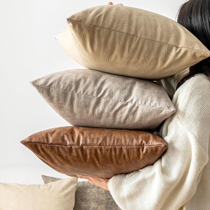 Oversized Vintage Decorative Pillow Covers 28x28, Pack of 2 Thickened Abrasion Farmhouse Faux Leather Cushion Cover, for Home Decor Outdoor Pet Hair Resistant Throw Pillow Covers Olive Green