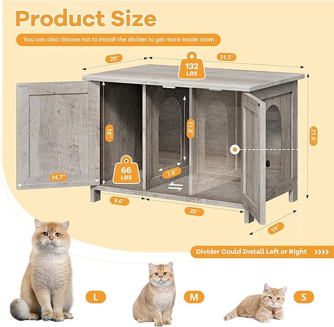 Shintenchi Cat Littler Box Enclosure, Litter Box Furniture Hidden with Removable Divider, Cat House with End Table, Grey, 31.5 inch