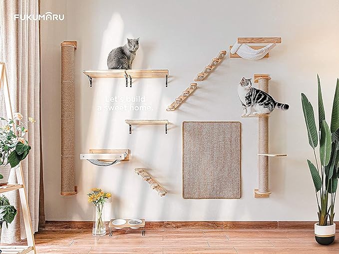 FUKUMARU Cat Activity Tree with Scratching Posts, Wall Mounted Jute Scratcher Pine Hammock