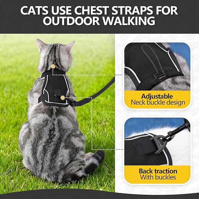 Cat Harness and Leash Set - Escape Proof, Adjustable Breathable Vest Harnesses with Reflective Strips, Easy Control & Secure Walking for Small Medium Large Cats Kitten Collar (Black, Small)