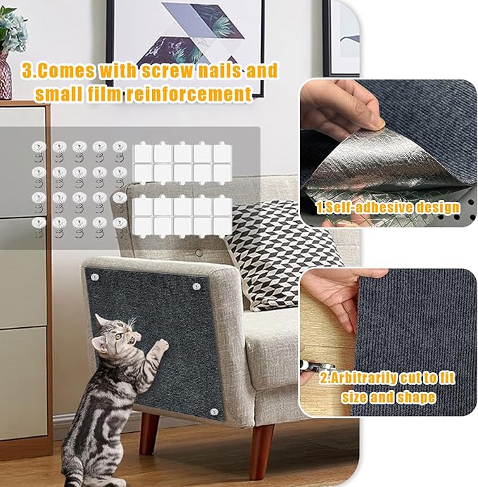 Cat Scratch Mat,118.5"x17.4" Trimmable Self-Adhesive Cat Scratch Furniture Protector, Sticky Cat Scratcher Wall Mat, Covering Cats Tower, Couch Protector from Cats Claws (Dark Grey)