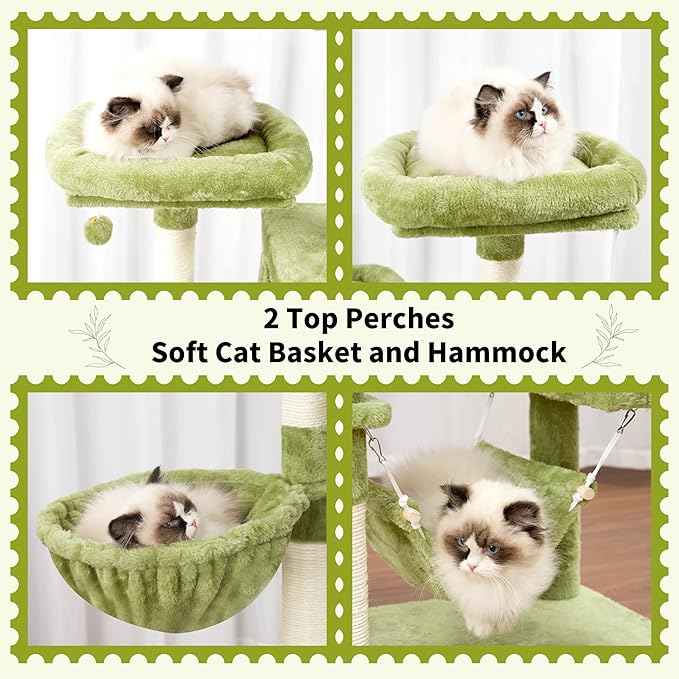 Cat Tree for Indoor Cats, 71'' (180cm) Multi-Level Cat Tower for Large Adult, Sturdy Cat Tree House with 2 Scratching Boards 7 Posts, 2 Plush Perches/Condos, Hammock, Green GCT032GR