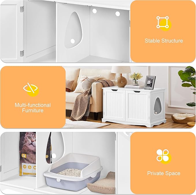 Yaheetech Cat Litter Box Enclosure, Box Cabinet Hidden, Wooden Pet Crate Kitty Washroom Storage Bench with Divider Home Litter Loo Indoor Cat House White