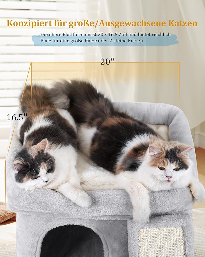 14in Cat Tree Tower with 20 * 16.5in Perch Bed and Washable Top for Large Adult Cats, Condo and Scratching Post for Indoor Kitten Pet, Light Gray