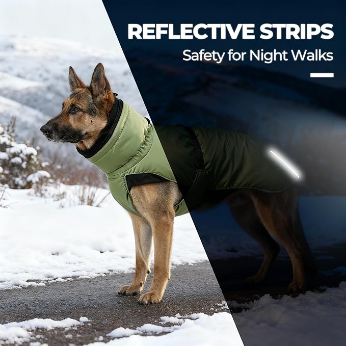 Dog Winter Coat, Warm Puffer Jacket with Fur-Safe Buckle & Leash Hole for Cold Weather, Water-Repellent Snow Vest, Breathable Thermal Apparel for Hiking & Active Dogs (Green, Small)