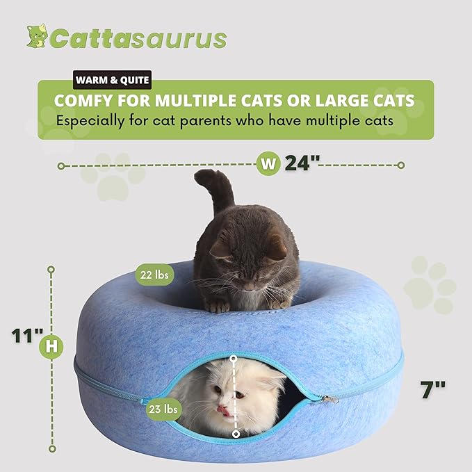 Cattasaurus Peekaboo Cat Cave Donut for Multiple & Large Cats up to 30-45 lbs, 3-in-1 Self Warming Cat Bed, Tunnel & Scratcher for Indoor Cats, Washable & Detachable Small Dog Bed (Blue, Large)