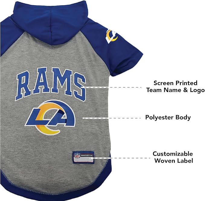 PET Hoodie T-Shirt for Dogs & Cats. NFL Los Angeles Rams Football Licensed Dog Hoody Tee Shirt, X-Small Sports Hoody T-Shirt for Pets Licensed Sporty Dog Shirt