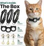 Cat Collar with AirTag Holders, 3-Pack, Reflective Breakaway Safety Collars, Bells and Matching Charms, Adjustable, Paw Hearts, Moon Stars Design, Lucky Charm, Black