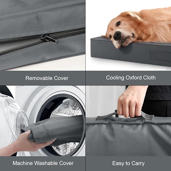 Outdoor Extra Large Dog Crate Bed, XXL Waterproof Dog Bed for Giant Breeds Dogs, 47x29 Inch Orthopedic Egg Crate Foam Pet Mat with Removable Cooling Cover, Grey