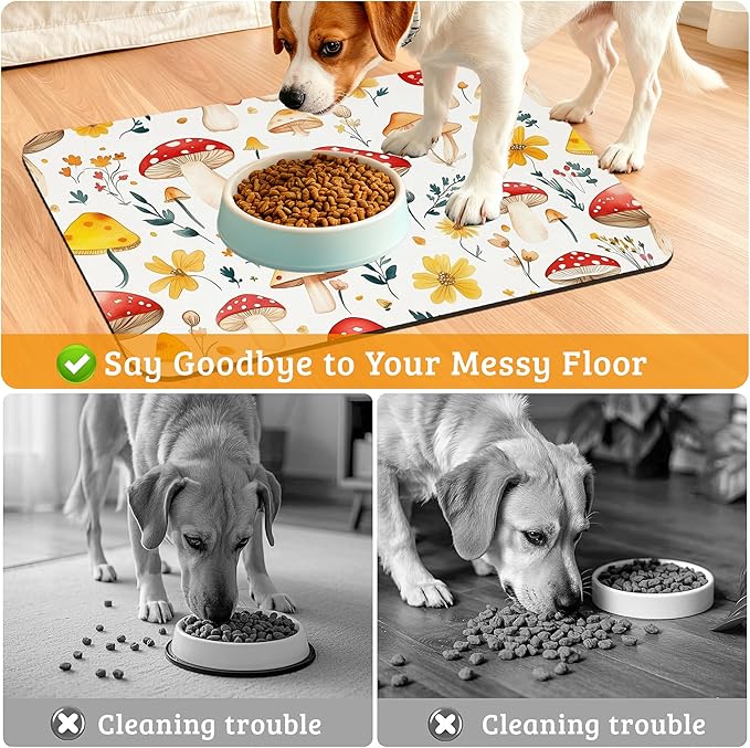 Pet Feeding Mat,Mushroom Absorbent Dog Cat Food Mat Flowers Dog Mat with Rubber Backing,Non-Slip Water Bowl Placemat,Pet Supplies 16" x 24"