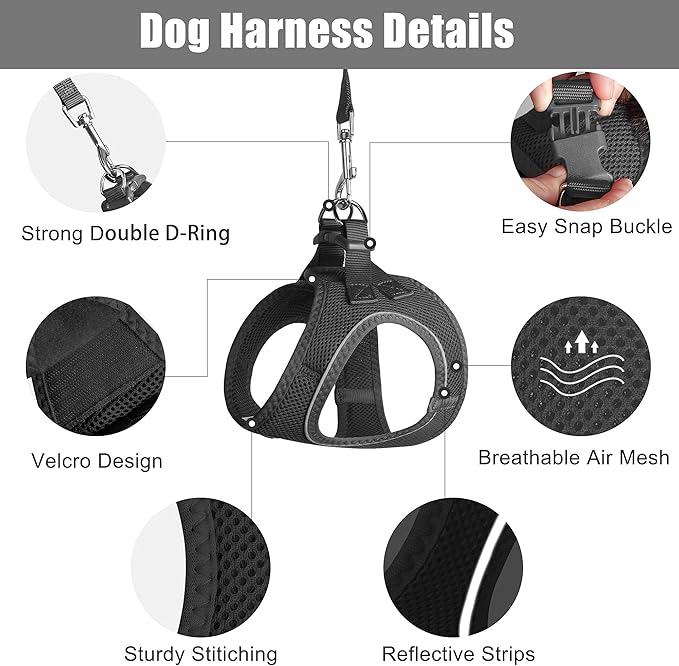 PetiFine Extra Small Step in Dog Harness and Leash Set, Cat Harness and Leash Escape Proof, All Weather Mesh Reflective, Step-in Air Vest Harnesses for Puppy(XXXS, Black)