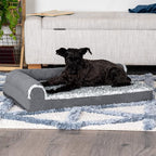 Furhaven Cooling Gel Dog Bed for Medium/Small Dogs w/ Removable Bolsters & Washable Cover, For Dogs Up to 35 lbs - Two-Tone Plush Faux Fur & Suede L Shaped Chaise - Stone Gray, Medium