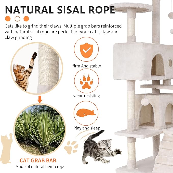 BestPet | 54" Cat Tree Tower | Beige | Sturdy, Easy to Assemble, Multi-Level Activity Center with Sisal Scratching Posts, Condos, Perches, Hanging Cat Toys, Observation Decks & Ladder
