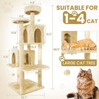 58.5inch Large Cat Tree Tower Condo for Indoor Cats, Soft Plush Multi-Level Climbing Tree Cat House, Scratching Post, More Entrance/Exit, Sisal Rope, Beige Almond