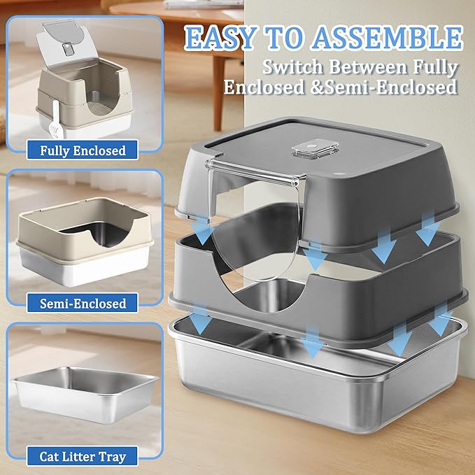Enclosed Cat Litter Box with Flip-Top Lid, Stainless Steel Large Covered Litter Box, High Sided Metal Litter Pan with Litter Scoop & Mat, Odor Control, Leak Proof, Easy Cleaning, White