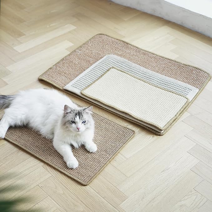 FUKUMARU Cat Scratcher Mat, 23.6 X 15.7 Inch Natural Sisal Cat Scratch Mats, Horizontal Cat Floor Scratching Pad Rug, Protect Carpets and Sofas (Cream - Thicken)