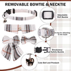 Cat Collar with Bells Breakaway, Bowtie Cat Collar for Boy Girl Cats with Removable Shirt Collar, Cute Plaid Kitten Collar with Bell & Pendant Adjustable, 3 Pack Beige Cat Collars