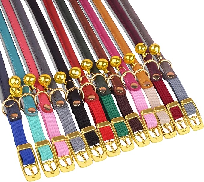 OOPSDOGGY Rolled Leather Cat Collar with Bell - Reflective Kitten Collar with Safety Elastic Strap - Adjustable Small Pet Collars for Boy Girl Cats (Fuchsia)