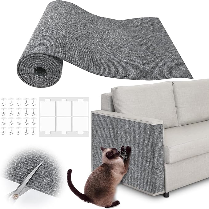 Cat Scratch Furniture Protector - 118" x 17" Trimmable Self-Adhesive Cats Claws Scratch Pads, DIY Cat Climbing Couch Protector for Scratch Post Cat Tree Replacement Indoor (Light Gray)