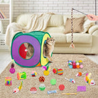 Retro Shaw 33Pcs Cat Toys for Indoor Cats Kitten, Collapsible Play Tunnel with Interactive Feather Wand, Bell Balls, Springs & Plush Mice Tent for Boredom Relief, Exercise & Kitty Hunting Instinct