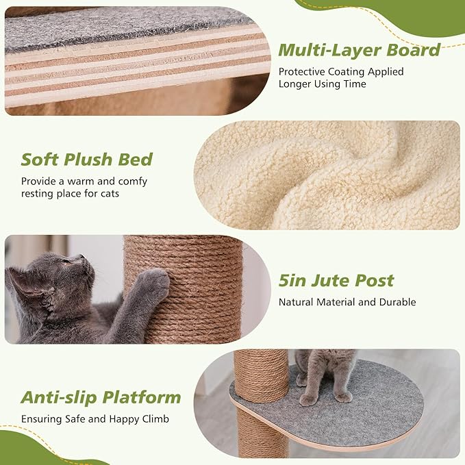 Floor to Ceiling Cat Tree, 5 Tier Cat Tower Adjustable Height (82-120 in), Tall Climbing Tree with Perches, Hammock, Scratching Post, Bed, Ball Toys, Solid Structure and Neutral Color Fit Home Decor