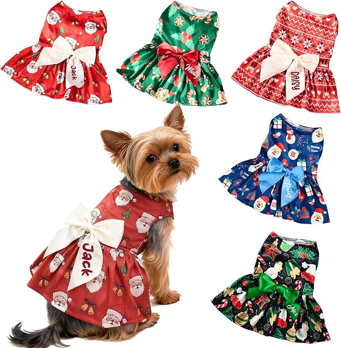 Personalized Dog Christmas Dress with Name, Custom Christmas Dress for Cat Girls, S-6XL Dog Winter Dress for Small Medium Large Dogs Xmas Outfit Birthday Gifts for Pet Girl(S)