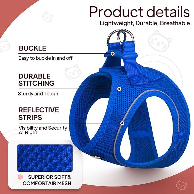 TwoEar Cat Harness Escape Proof, Soft Dog Vest Harness Adjustable, Breathable Mesh Step-in Puppy Walking Jacket Reflective Easy Control for Extral Small Pets for Outdoor Walking(XXXS, Blue)