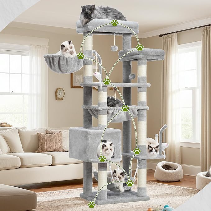 Cat Tree, Cat Tower for Large Cats with 2 Big Platforms, 2 Baskets, condo and Toys, 63" Cat Scratching Posts for Indoor Cats, Light Gray GCT020W