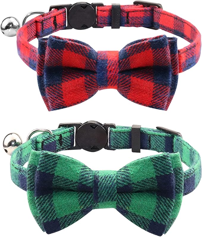 Joytale Upgraded Cat Collar with Bells, Breakaway Cat Collars with Bow Tie, 2 Pack Girl Boy Safety Plaid Kitten Collars, Green+Red