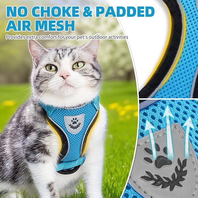 PUPTECK Cat Harness and Leash Set Escape Proof Reflective Cat Walking Harness Adjustable Soft Breathable Mesh Vest for Small Pets, Blue, M
