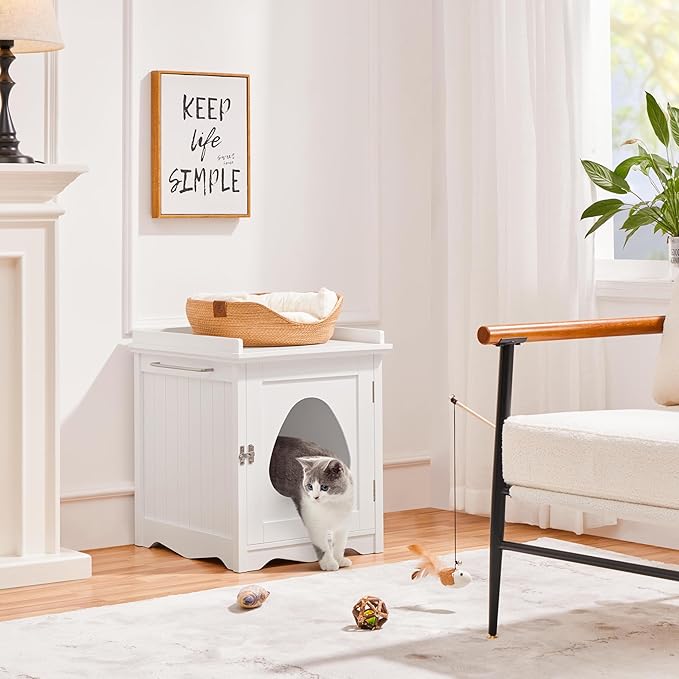Yaheetech Cat Litter Box Enclosure, Hidden Litter Box Furniture with Side Towel Bar, Wooden Cat Washroom, Storage Cabinet, Indoor Pet House, Side Table Nightstand, White