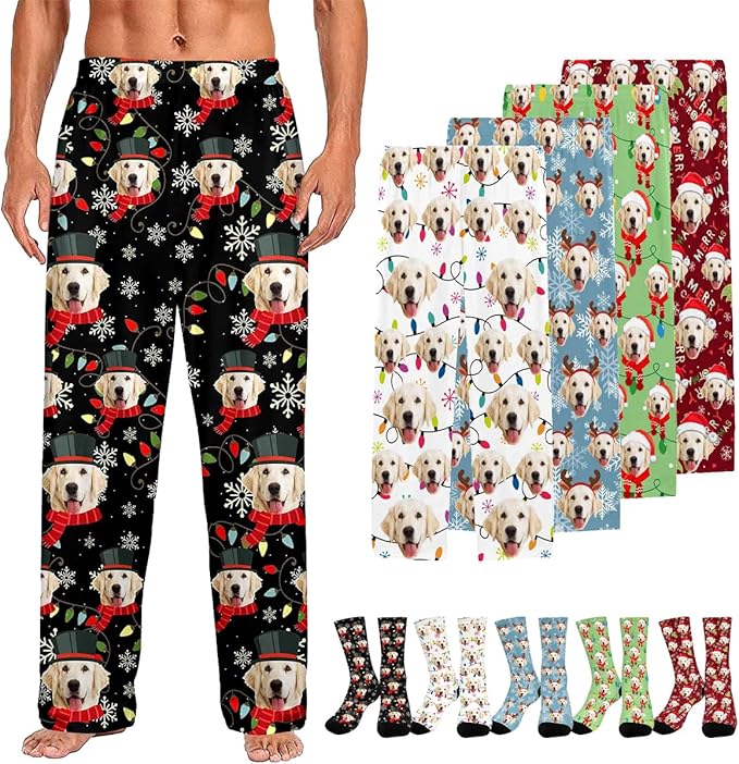 Custom Couple Pajama Pants Sock with Funny Face, Personalized PJ Anniversary Birthday Women Men Pants
