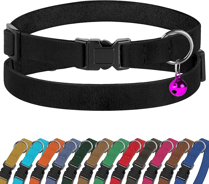 Breakaway Cat Collar Leather with Removable Bell - 13 Colors Available - Soft Adjustable Girl Boy Safety Lightweight Pet Kitten Collars Pink Brown Blue Green Red Orange Black (Black)