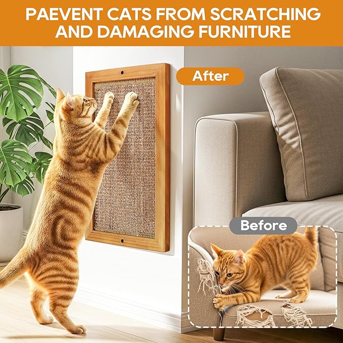 Large Cat Scratching Post for Indoor Cats - Wooden Sisal Cat Wall Scratcher, Vertical Floor or Wall Mounted Cat Scratch Pad, Furniture Protector for Adult Cats & Kittens